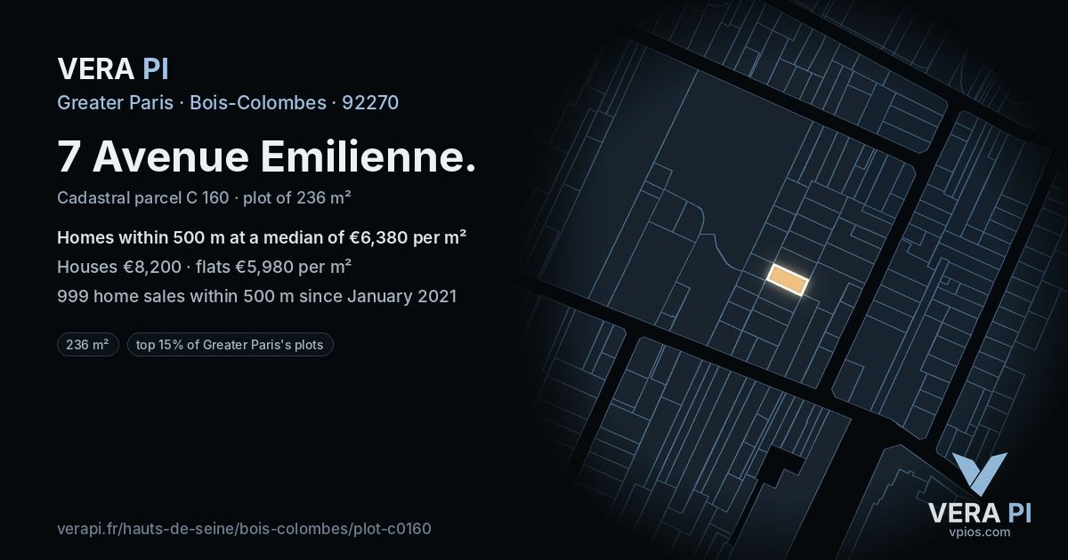 7 Avenue Emilienne, Bois-Colombes at night – the plot lit, the parcels around coloured by the prices near them
