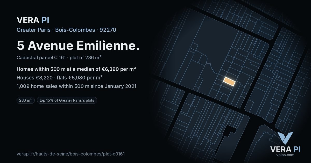 5 Avenue Emilienne, Bois-Colombes at night – the plot lit, the parcels around coloured by the prices near them