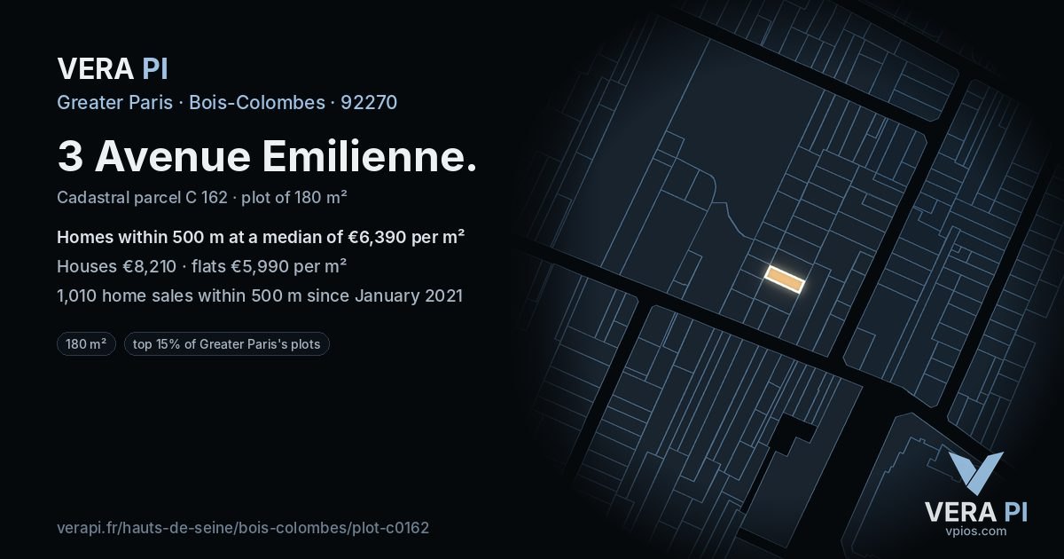 3 Avenue Emilienne, Bois-Colombes at night – the plot lit, the parcels around coloured by the prices near them