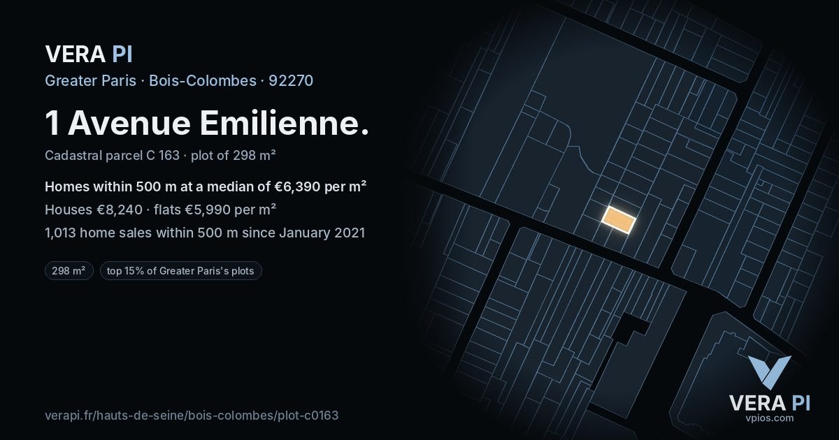 1 Avenue Emilienne, Bois-Colombes at night – the plot lit, the parcels around coloured by the prices near them