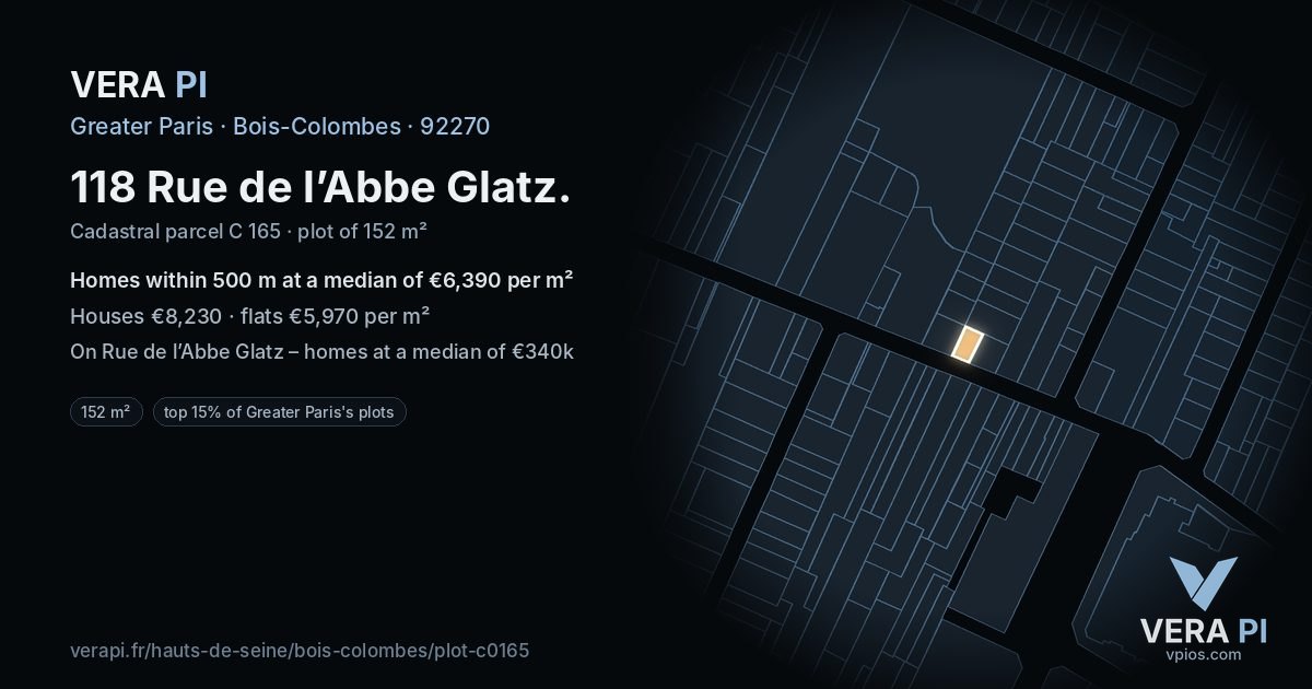 118 Rue de l’Abbe Glatz, Bois-Colombes at night – the plot lit, the parcels around coloured by the prices near them