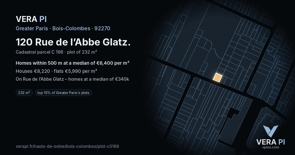 120 Rue de l’Abbe Glatz, Bois-Colombes at night – the plot lit, the parcels around coloured by the prices near them
