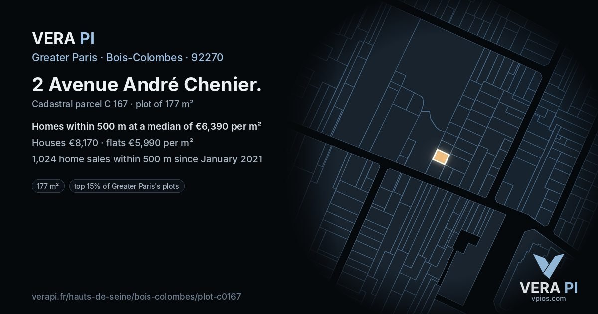 2 Avenue André Chenier, Bois-Colombes at night – the plot lit, the parcels around coloured by the prices near them