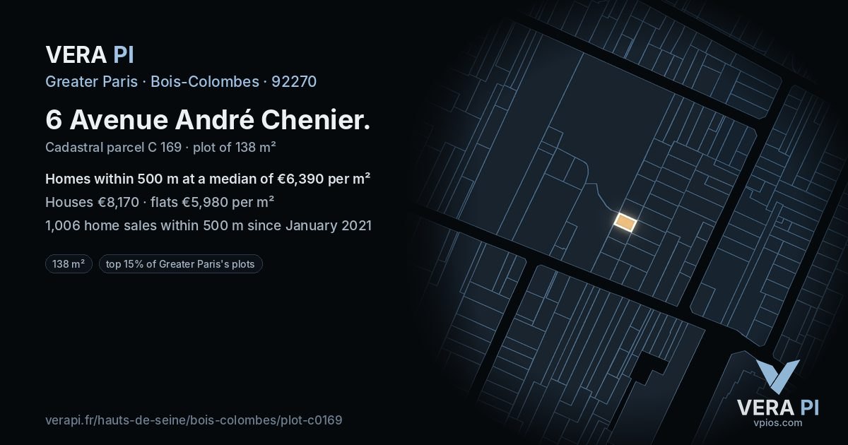 6 Avenue André Chenier, Bois-Colombes at night – the plot lit, the parcels around coloured by the prices near them