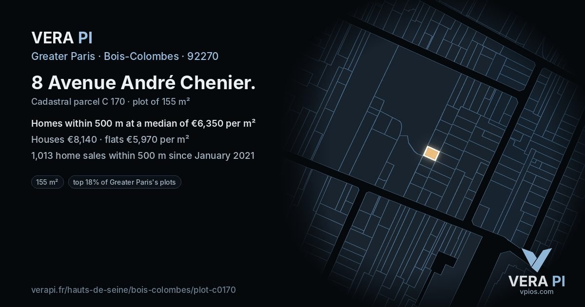 8 Avenue André Chenier, Bois-Colombes at night – the plot lit, the parcels around coloured by the prices near them