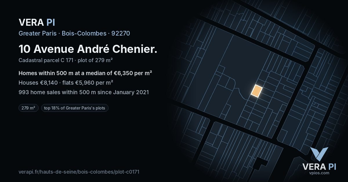 10 Avenue André Chenier, Bois-Colombes at night – the plot lit, the parcels around coloured by the prices near them