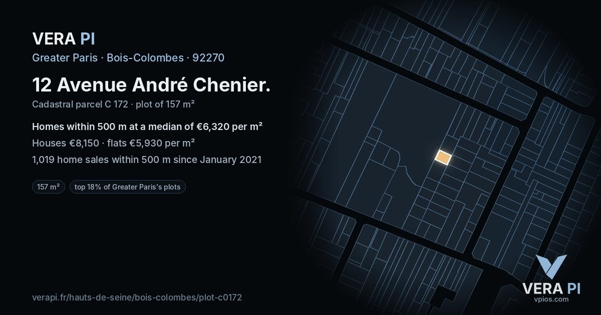 12 Avenue André Chenier, Bois-Colombes at night – the plot lit, the parcels around coloured by the prices near them