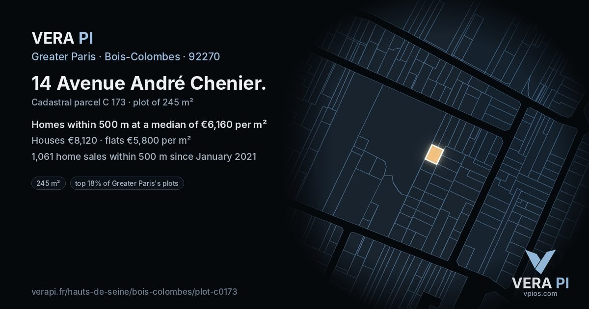 14 Avenue André Chenier, Bois-Colombes at night – the plot lit, the parcels around coloured by the prices near them