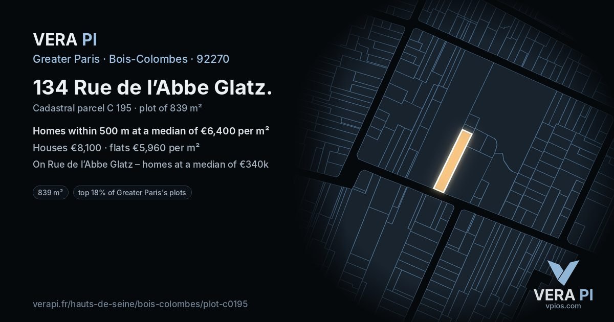 134 Rue de l’Abbe Glatz, Bois-Colombes at night – the plot lit, the parcels around coloured by the prices near them