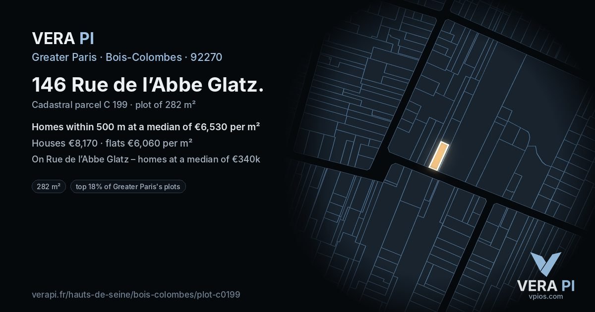 146 Rue de l’Abbe Glatz, Bois-Colombes at night – the plot lit, the parcels around coloured by the prices near them