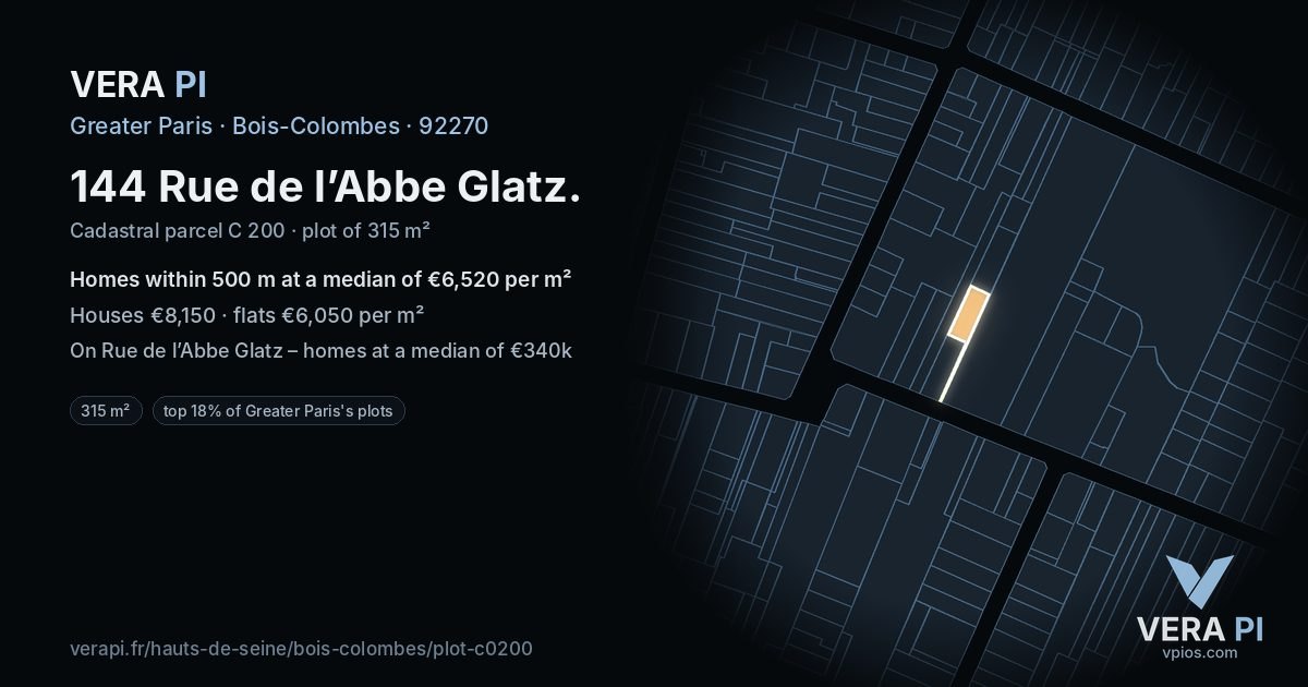 144 Rue de l’Abbe Glatz, Bois-Colombes at night – the plot lit, the parcels around coloured by the prices near them