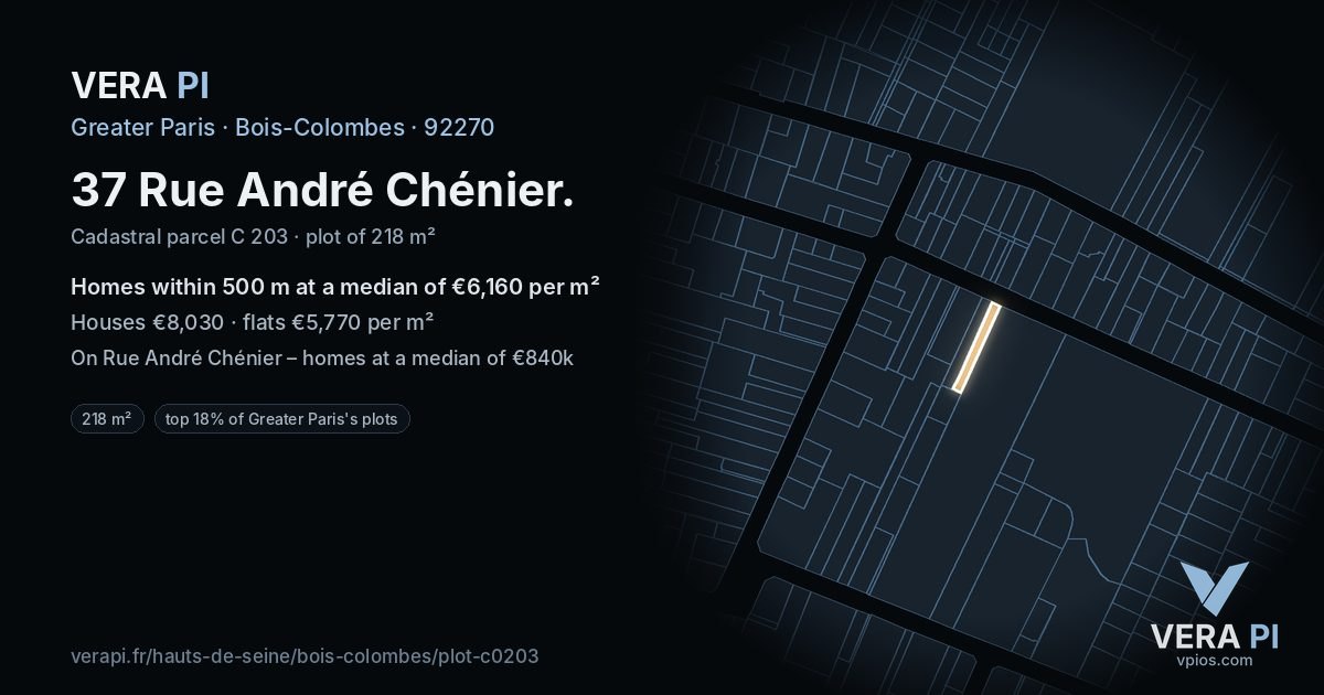 37 Rue André Chénier, Bois-Colombes at night – the plot lit, the parcels around coloured by the prices near them
