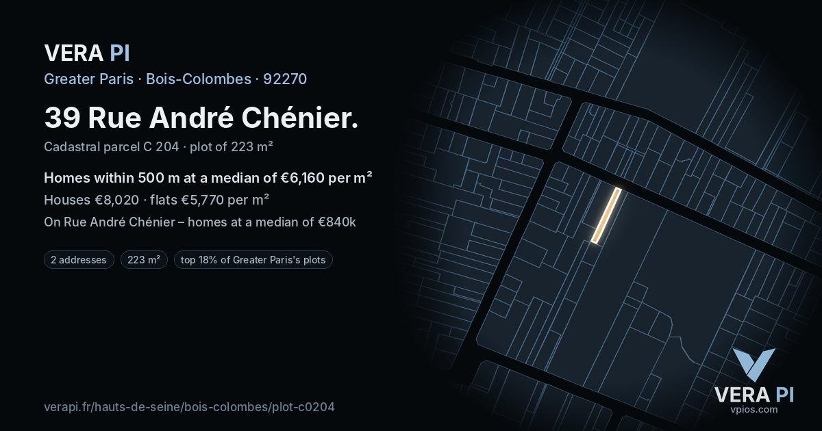 39 Rue André Chénier, Bois-Colombes at night – the plot lit, the parcels around coloured by the prices near them