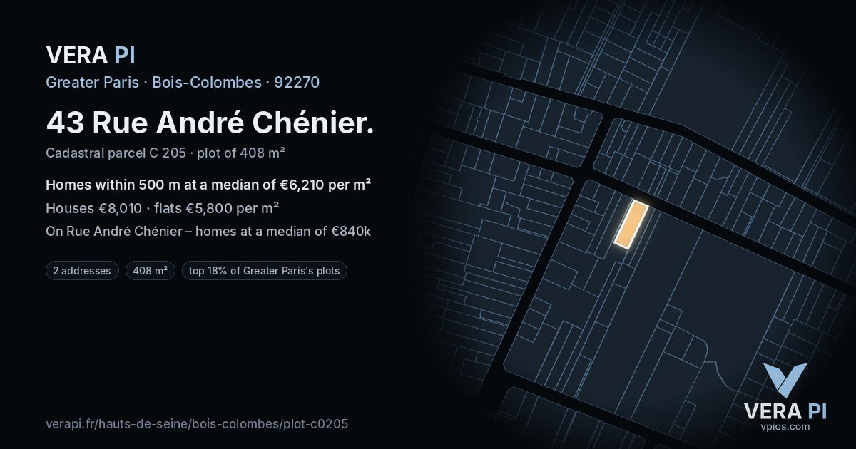 43 Rue André Chénier, Bois-Colombes at night – the plot lit, the parcels around coloured by the prices near them