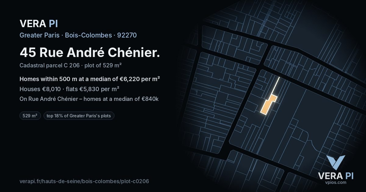 45 Rue André Chénier, Bois-Colombes at night – the plot lit, the parcels around coloured by the prices near them