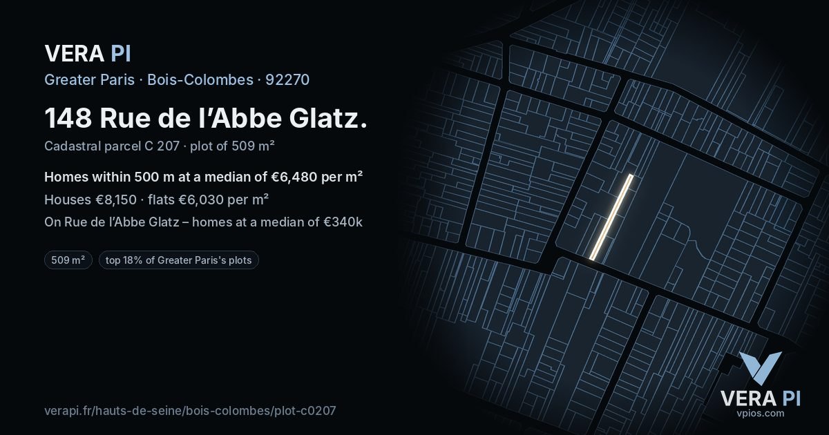 148 Rue de l’Abbe Glatz, Bois-Colombes at night – the plot lit, the parcels around coloured by the prices near them