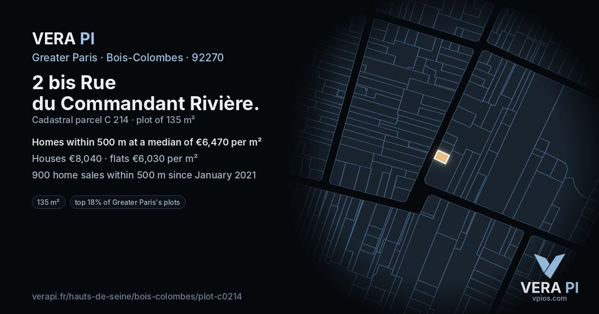 2 bis Rue du Commandant Rivière, Bois-Colombes at night – the plot lit, the parcels around coloured by the prices near them