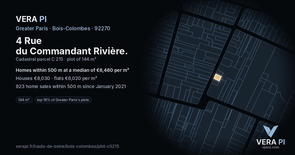 4 Rue du Commandant Rivière, Bois-Colombes at night – the plot lit, the parcels around coloured by the prices near them