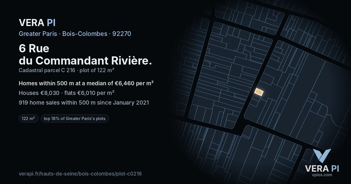 6 Rue du Commandant Rivière, Bois-Colombes at night – the plot lit, the parcels around coloured by the prices near them