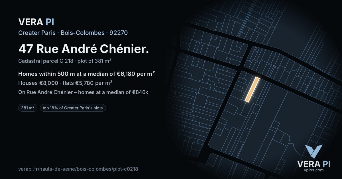 47 Rue André Chénier, Bois-Colombes at night – the plot lit, the parcels around coloured by the prices near them