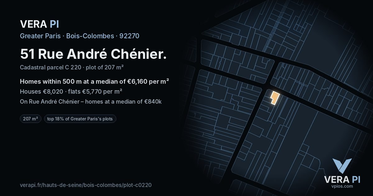51 Rue André Chénier, Bois-Colombes at night – the plot lit, the parcels around coloured by the prices near them
