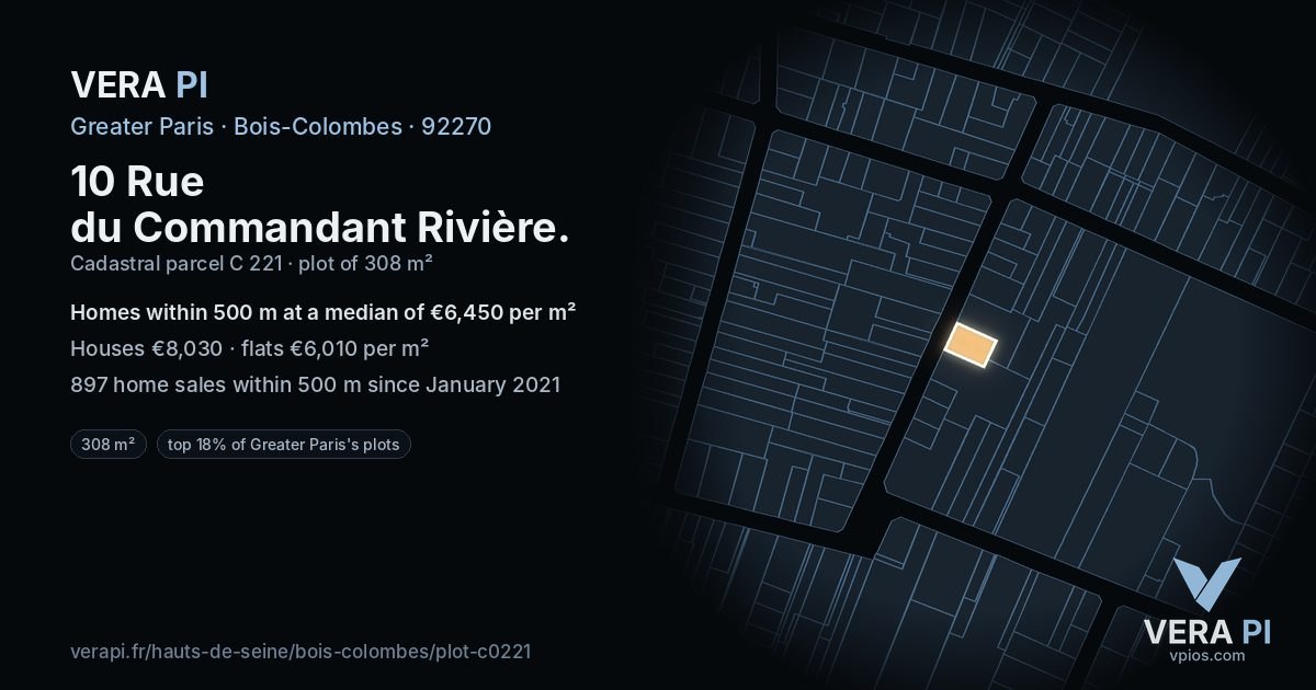 10 Rue du Commandant Rivière, Bois-Colombes at night – the plot lit, the parcels around coloured by the prices near them