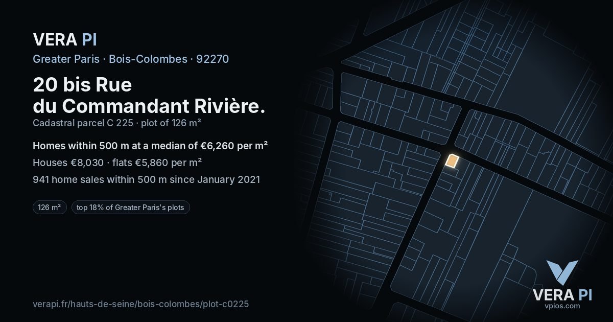 20 bis Rue du Commandant Rivière, Bois-Colombes at night – the plot lit, the parcels around coloured by the prices near them