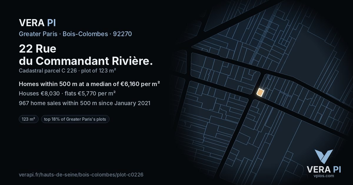 22 Rue du Commandant Rivière, Bois-Colombes at night – the plot lit, the parcels around coloured by the prices near them