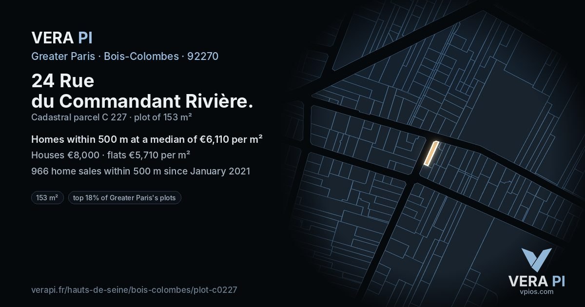 24 Rue du Commandant Rivière, Bois-Colombes at night – the plot lit, the parcels around coloured by the prices near them