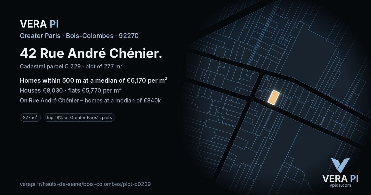 42 Rue André Chénier, Bois-Colombes at night – the plot lit, the parcels around coloured by the prices near them