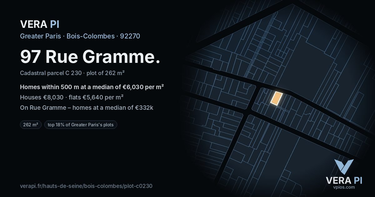 97 Rue Gramme, Bois-Colombes at night – the plot lit, the parcels around coloured by the prices near them