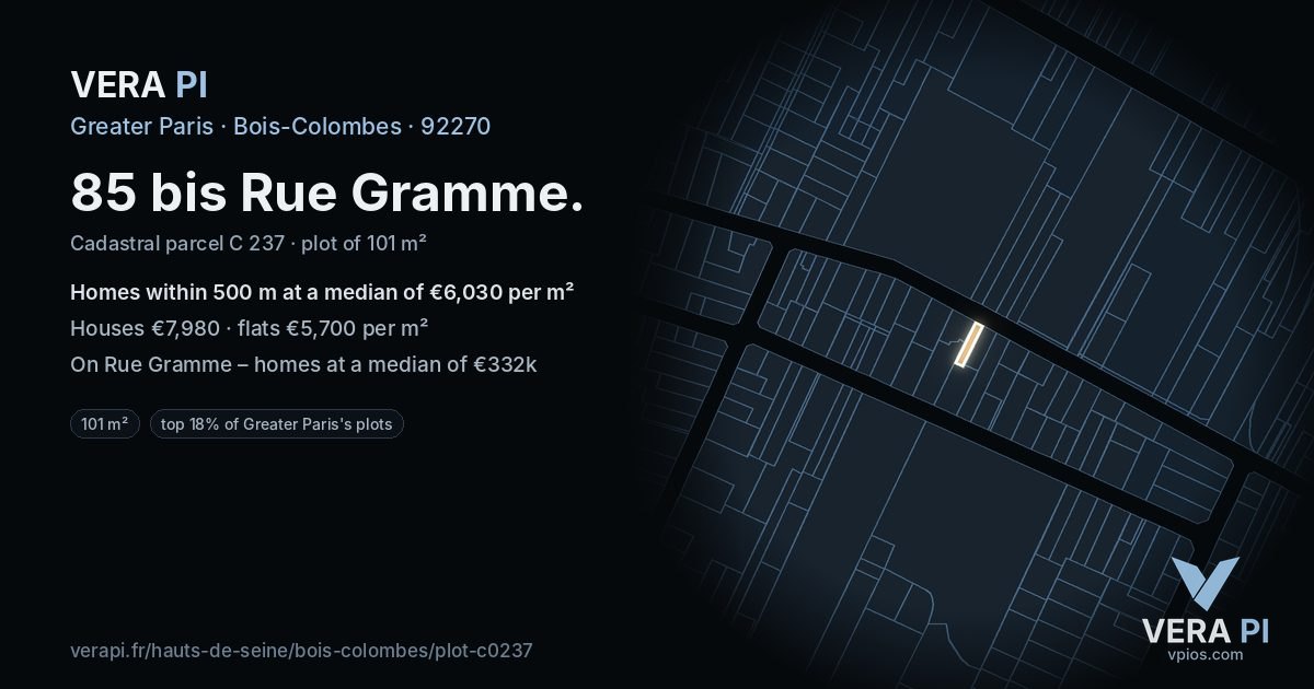 85 bis Rue Gramme, Bois-Colombes at night – the plot lit, the parcels around coloured by the prices near them