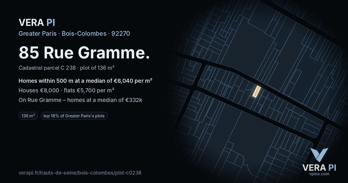 85 Rue Gramme, Bois-Colombes at night – the plot lit, the parcels around coloured by the prices near them