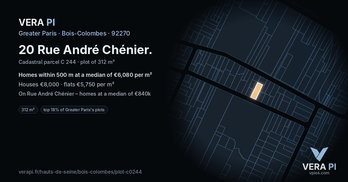 20 Rue André Chénier, Bois-Colombes at night – the plot lit, the parcels around coloured by the prices near them