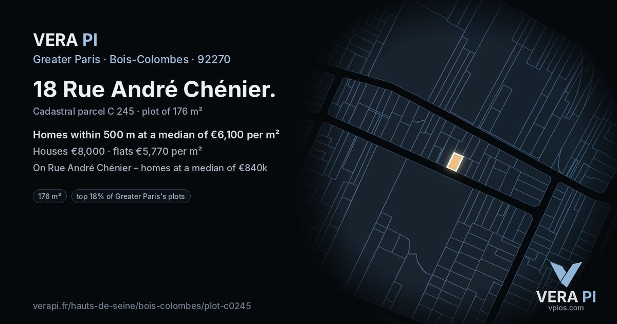 18 Rue André Chénier, Bois-Colombes at night – the plot lit, the parcels around coloured by the prices near them