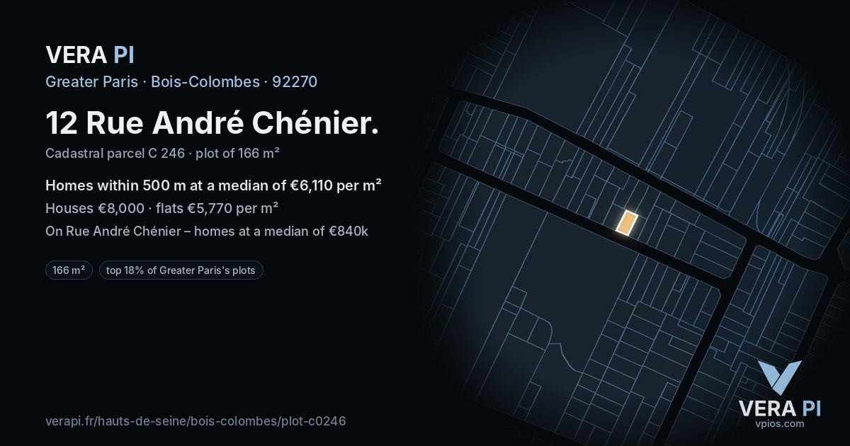 12 Rue André Chénier, Bois-Colombes at night – the plot lit, the parcels around coloured by the prices near them