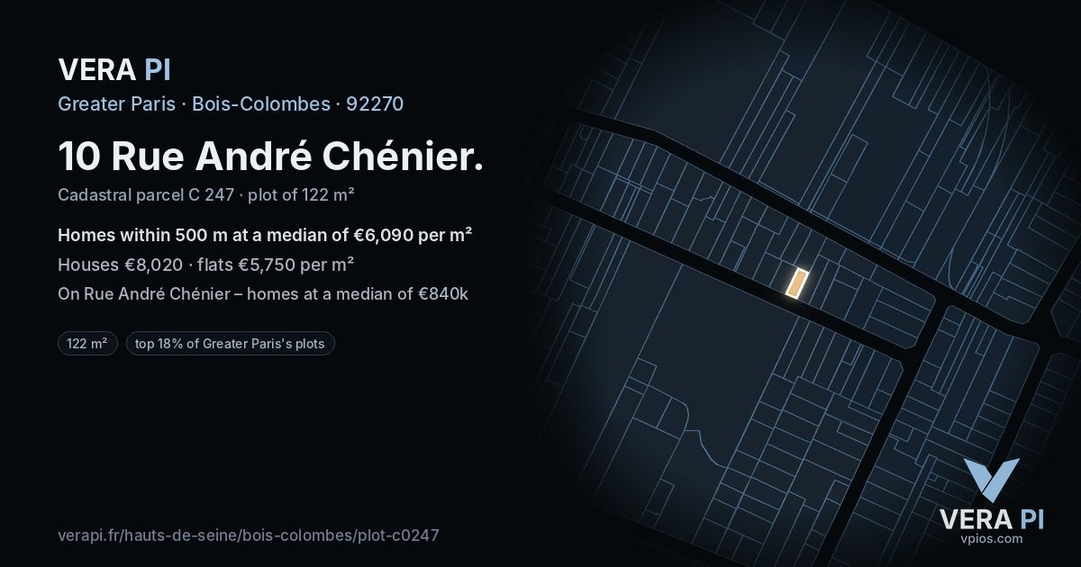 10 Rue André Chénier, Bois-Colombes at night – the plot lit, the parcels around coloured by the prices near them