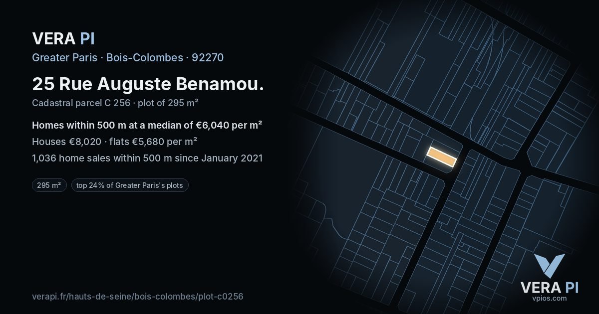 25 Rue Auguste Benamou, Bois-Colombes at night – the plot lit, the parcels around coloured by the prices near them