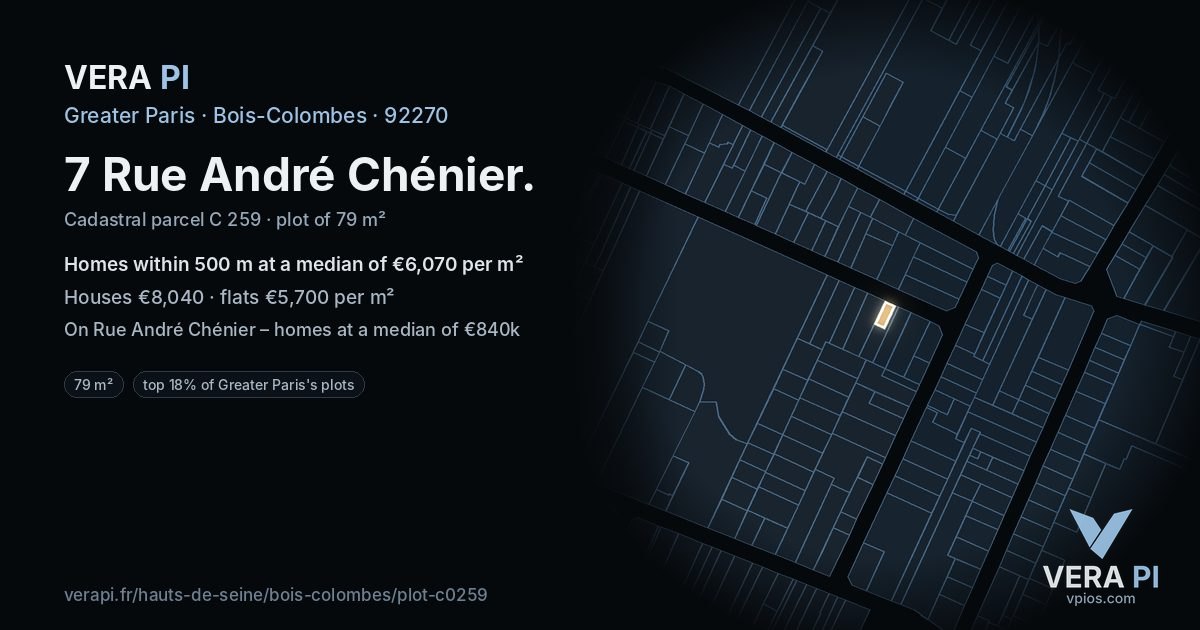 7 Rue André Chénier, Bois-Colombes at night – the plot lit, the parcels around coloured by the prices near them