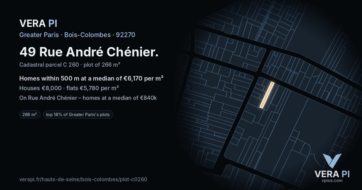 49 Rue André Chénier, Bois-Colombes at night – the plot lit, the parcels around coloured by the prices near them