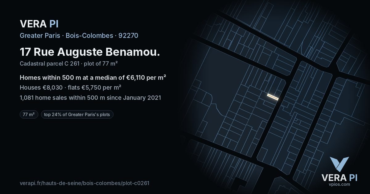 17 Rue Auguste Benamou, Bois-Colombes at night – the plot lit, the parcels around coloured by the prices near them