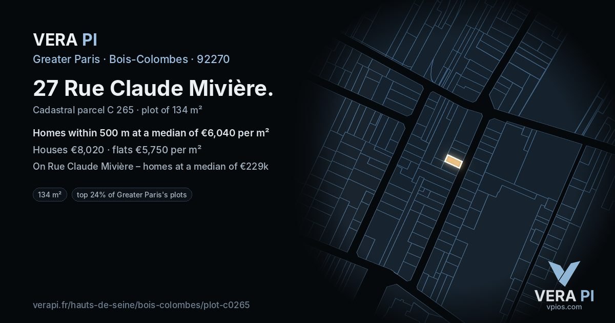 27 Rue Claude Mivière, Bois-Colombes at night – the plot lit, the parcels around coloured by the prices near them