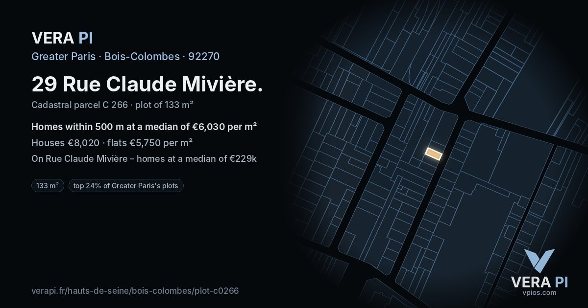 29 Rue Claude Mivière, Bois-Colombes at night – the plot lit, the parcels around coloured by the prices near them