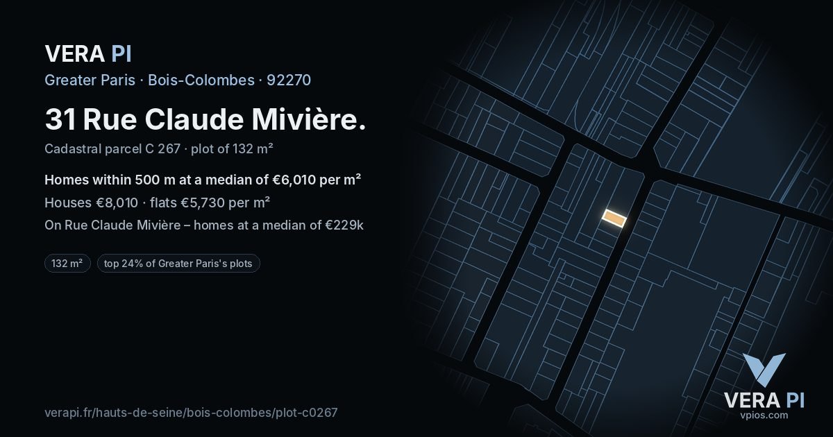 31 Rue Claude Mivière, Bois-Colombes at night – the plot lit, the parcels around coloured by the prices near them