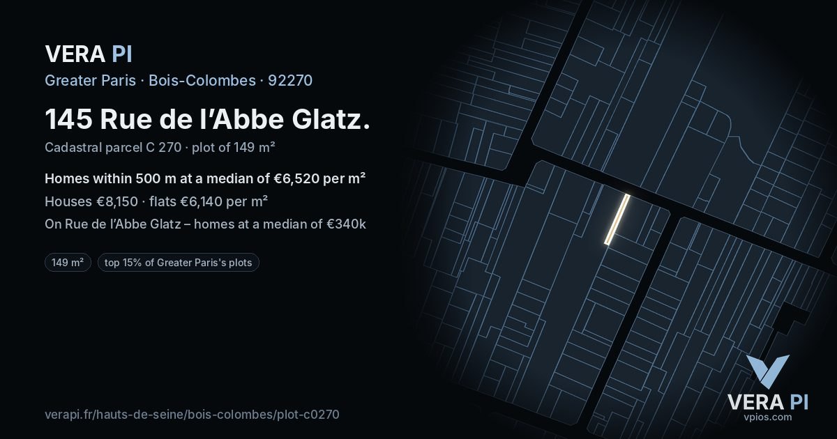 145 Rue de l’Abbe Glatz, Bois-Colombes at night – the plot lit, the parcels around coloured by the prices near them