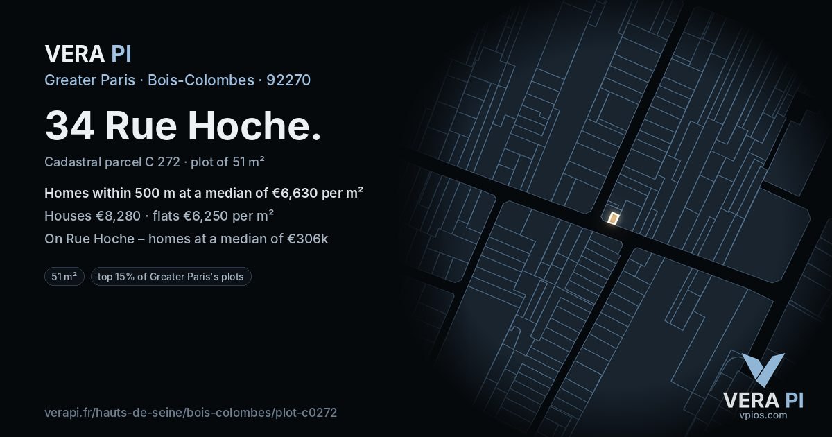 34 Rue Hoche, Bois-Colombes at night – the plot lit, the parcels around coloured by the prices near them