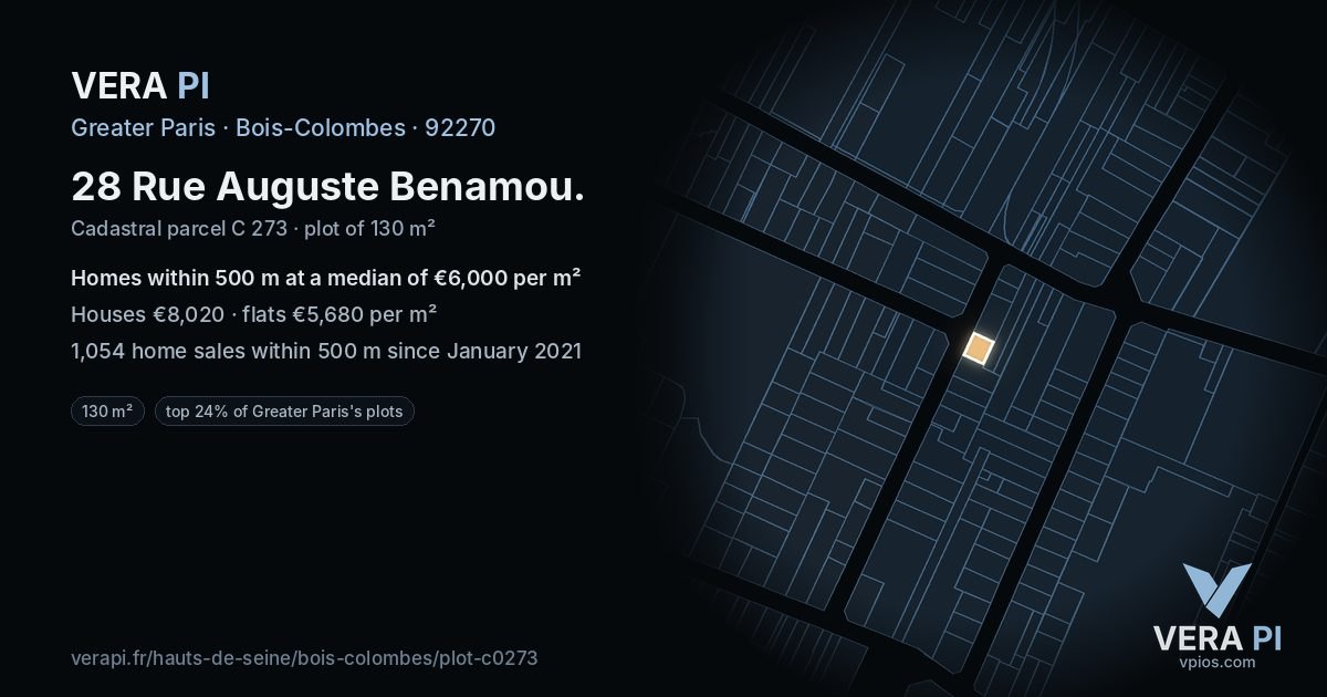 28 Rue Auguste Benamou, Bois-Colombes at night – the plot lit, the parcels around coloured by the prices near them
