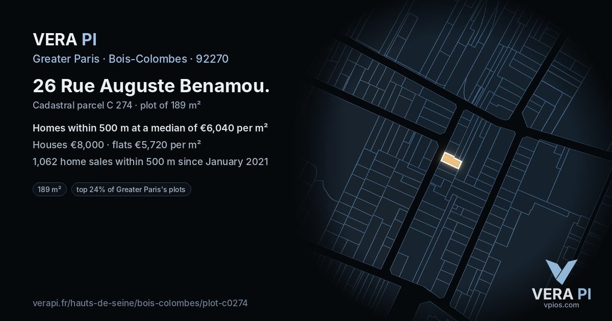 26 Rue Auguste Benamou, Bois-Colombes at night – the plot lit, the parcels around coloured by the prices near them