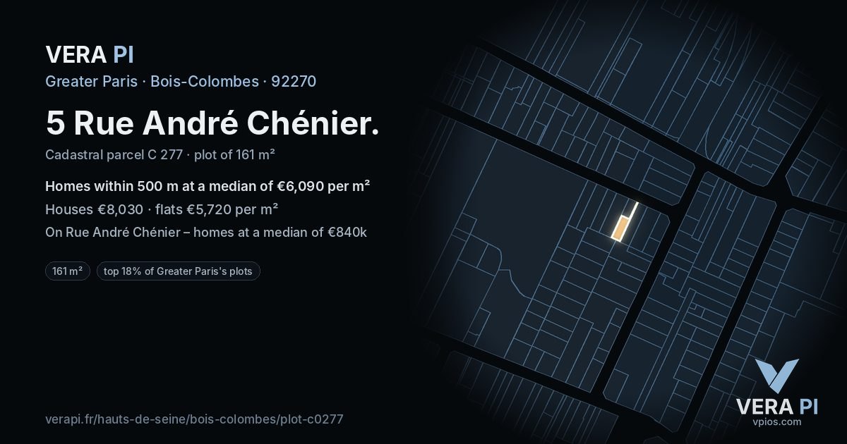 5 Rue André Chénier, Bois-Colombes at night – the plot lit, the parcels around coloured by the prices near them