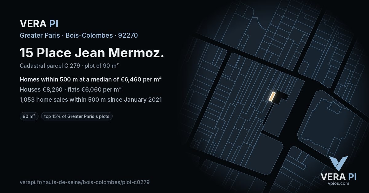 15 Place Jean Mermoz, Bois-Colombes at night – the plot lit, the parcels around coloured by the prices near them